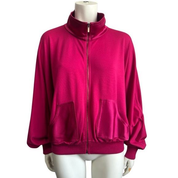 ST JOHN Fuchsia Athletic Jacket + T-shirt Set Satin Contrast Women's Medium - Picture 6 of 16
